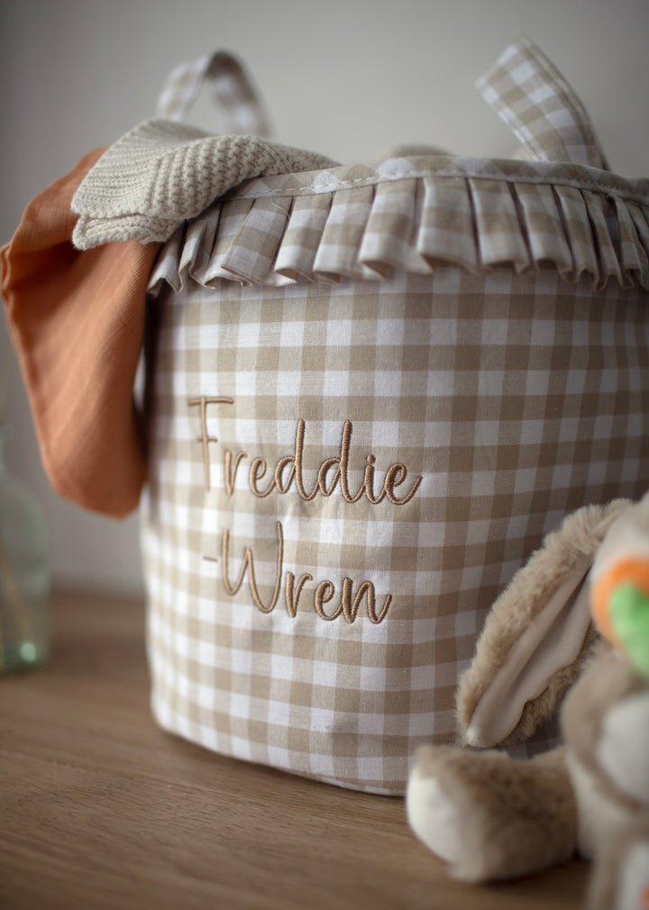 Mabel & Fox - Personalised Beige Gingham Ruffle Basket - Embroidered - Mabel & Fox