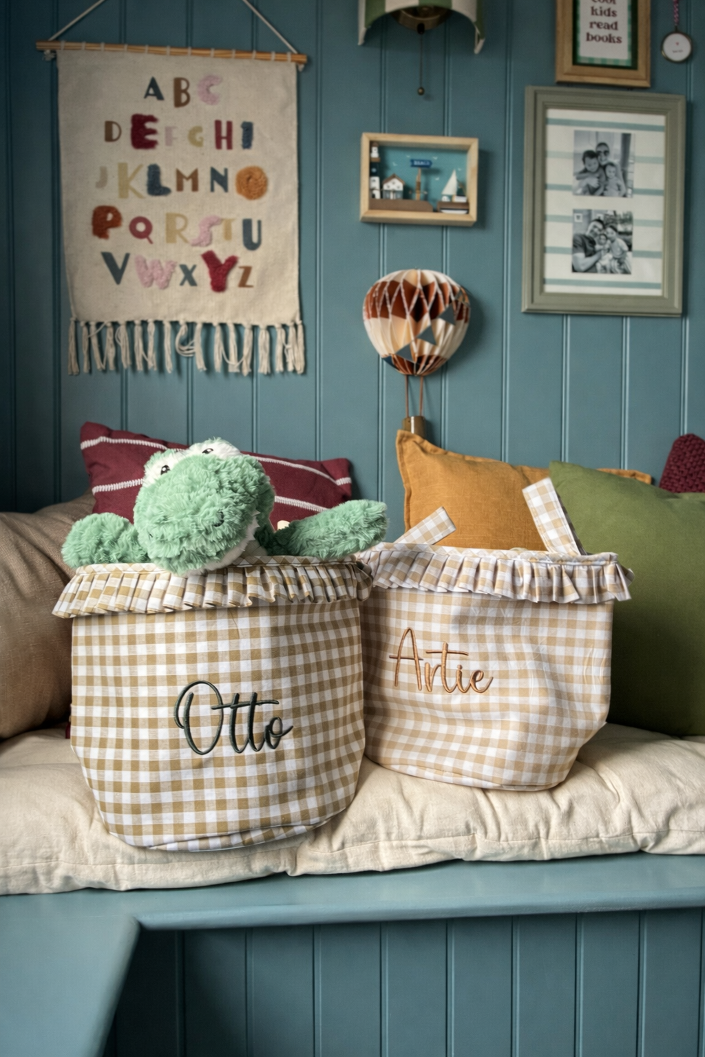 Mabel & Fox - Personalised Beige Gingham Ruffle Basket - Embroidered - Mabel & Fox