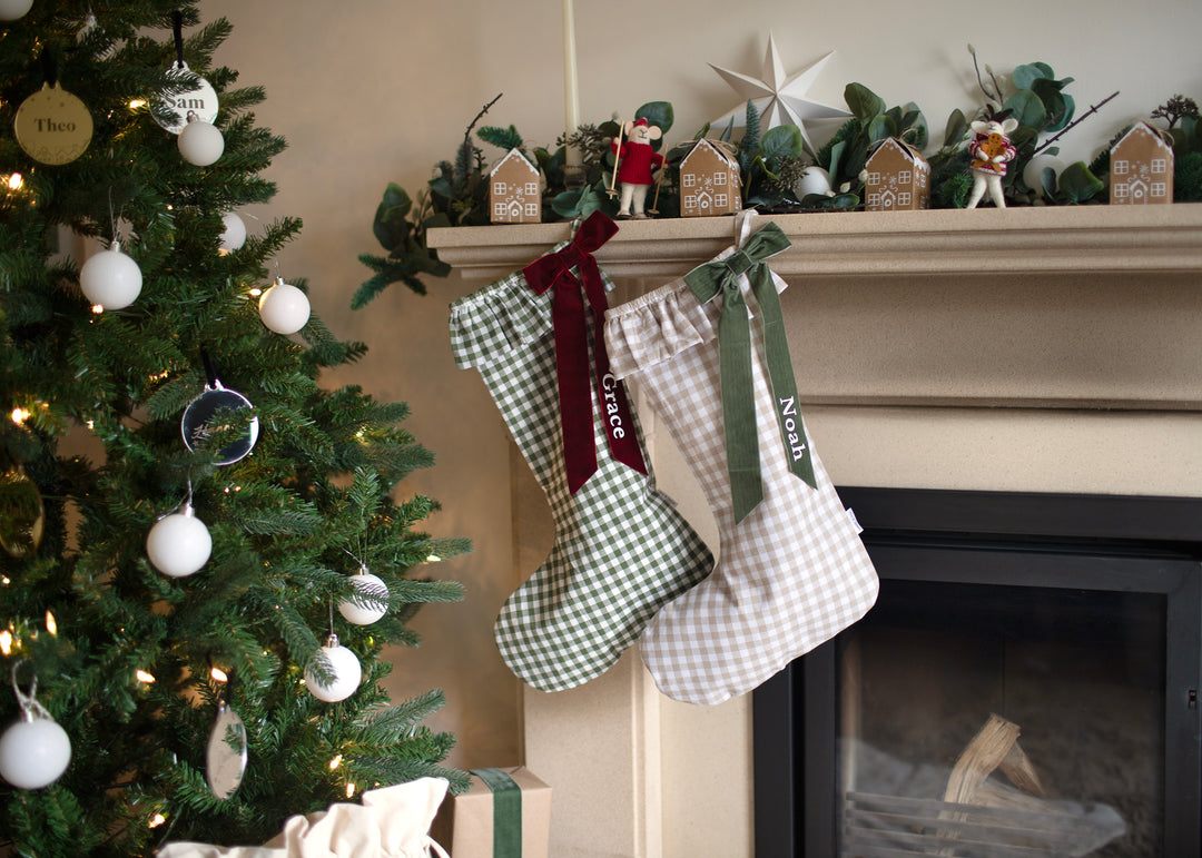 Mabel & Fox - Personalised Beige Gingham Stocking - Velvet Bow - Mabel & Fox