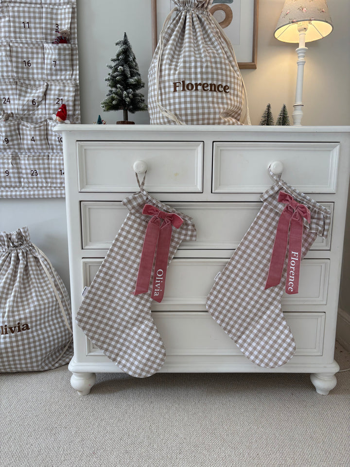 Mabel & Fox - Personalised Beige Gingham Stocking - Velvet Bow - Mabel & Fox