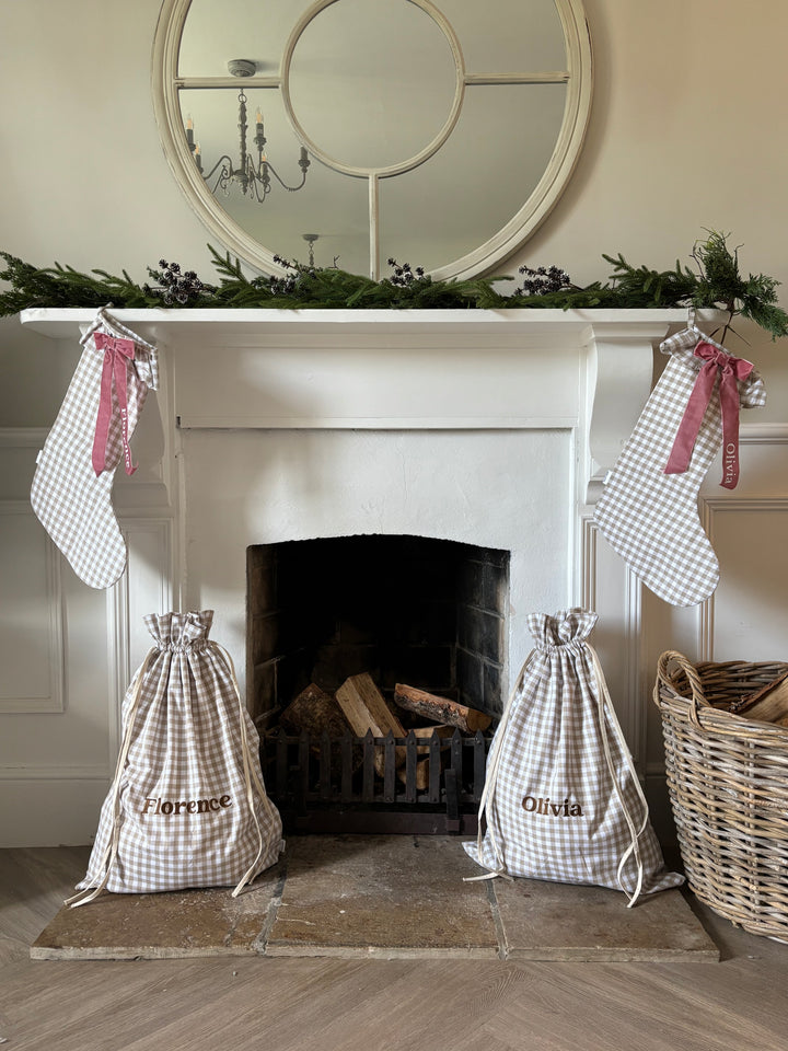 Mabel & Fox - Personalised Beige Gingham Stocking - Velvet Bow - Mabel & Fox