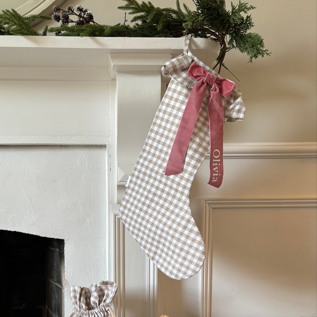 Mabel & Fox - Personalised Beige Gingham Stocking - Velvet Bow - Mabel & Fox
