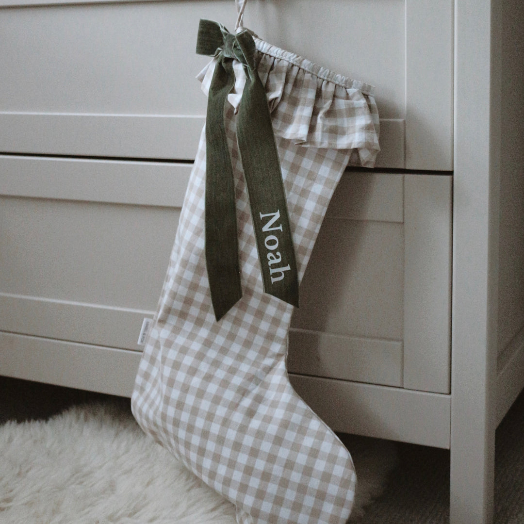 Mabel & Fox - Personalised Beige Gingham Stocking - Velvet Bow - Mabel & Fox