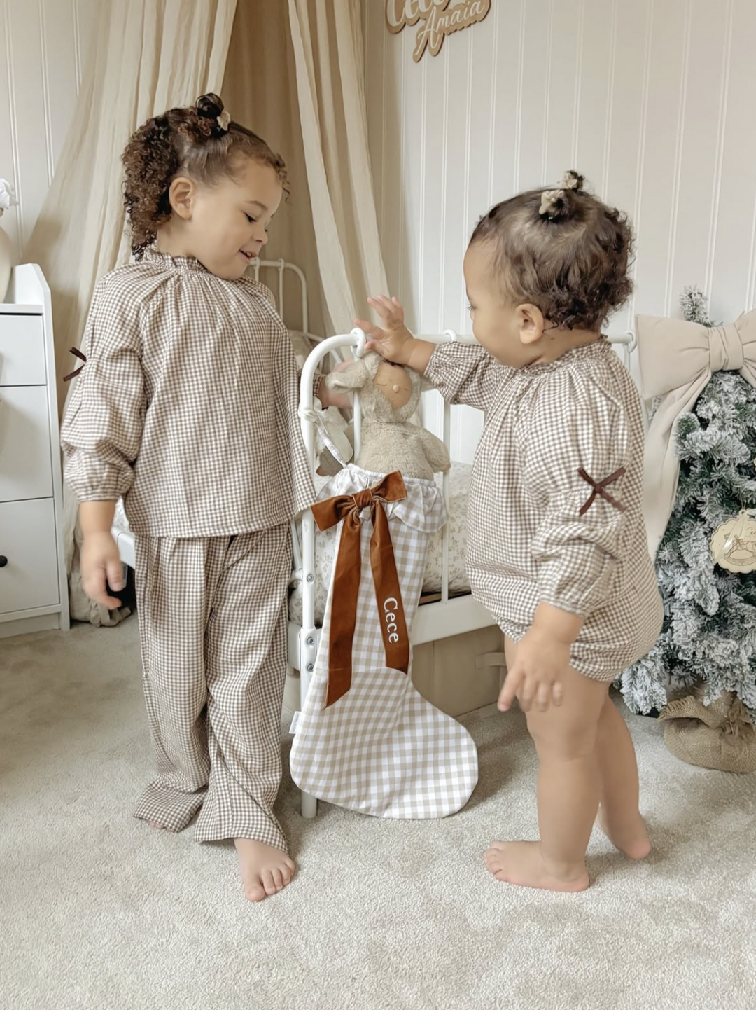 Mabel & Fox - Personalised Beige Gingham Stocking - Velvet Bow - Mabel & Fox