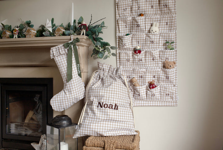 Mabel & Fox - Personalised Beige Gingham Stocking - Velvet Bow - Mabel & Fox