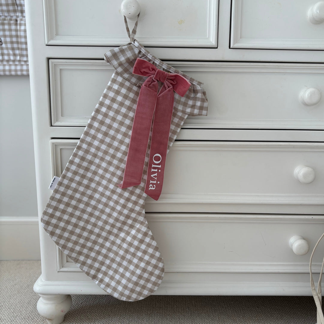 Mabel & Fox - Personalised Beige Gingham Stocking - Velvet Bow - Mabel & Fox