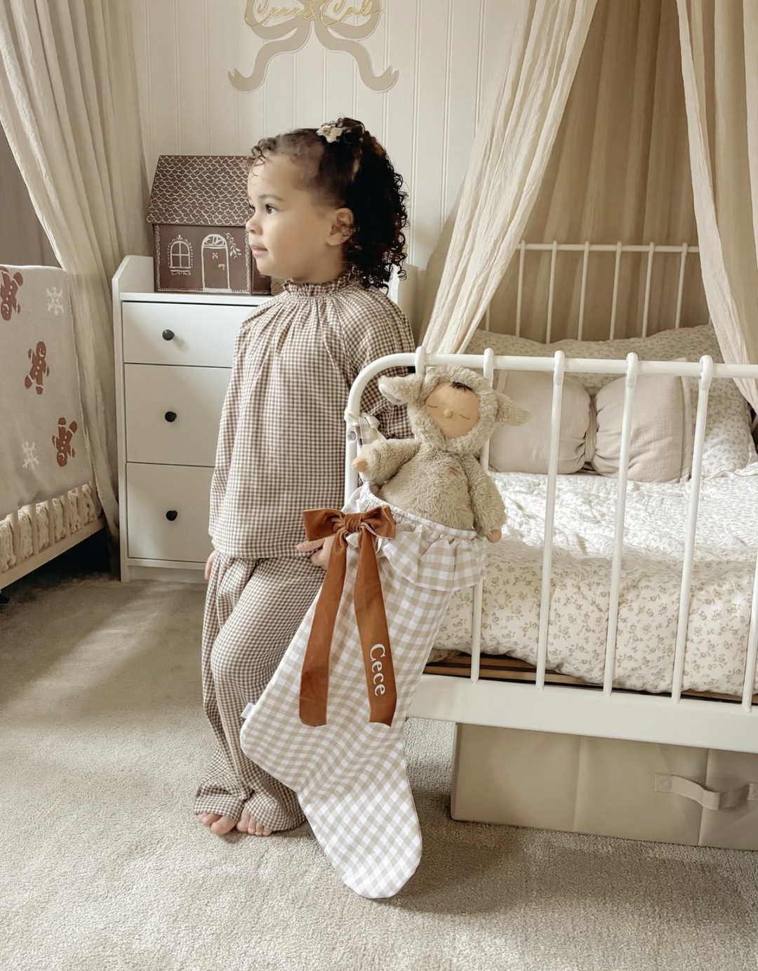 Mabel & Fox - Personalised Beige Gingham Stocking - Velvet Bow - Mabel & Fox