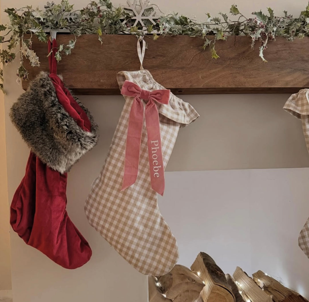 Mabel & Fox - Personalised Beige Gingham Stocking - Velvet Bow - Mabel & Fox
