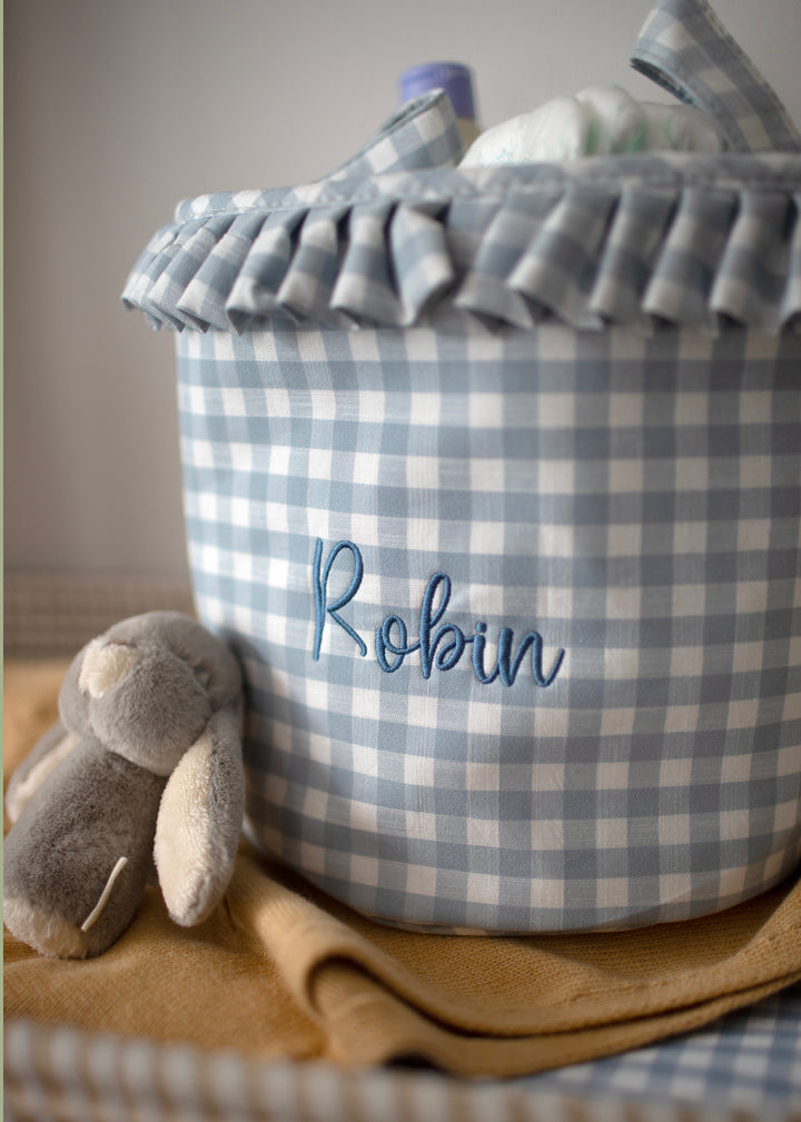 Mabel & Fox - Personalised Blue Gingham Ruffle Basket - Embroidered - Mabel & Fox