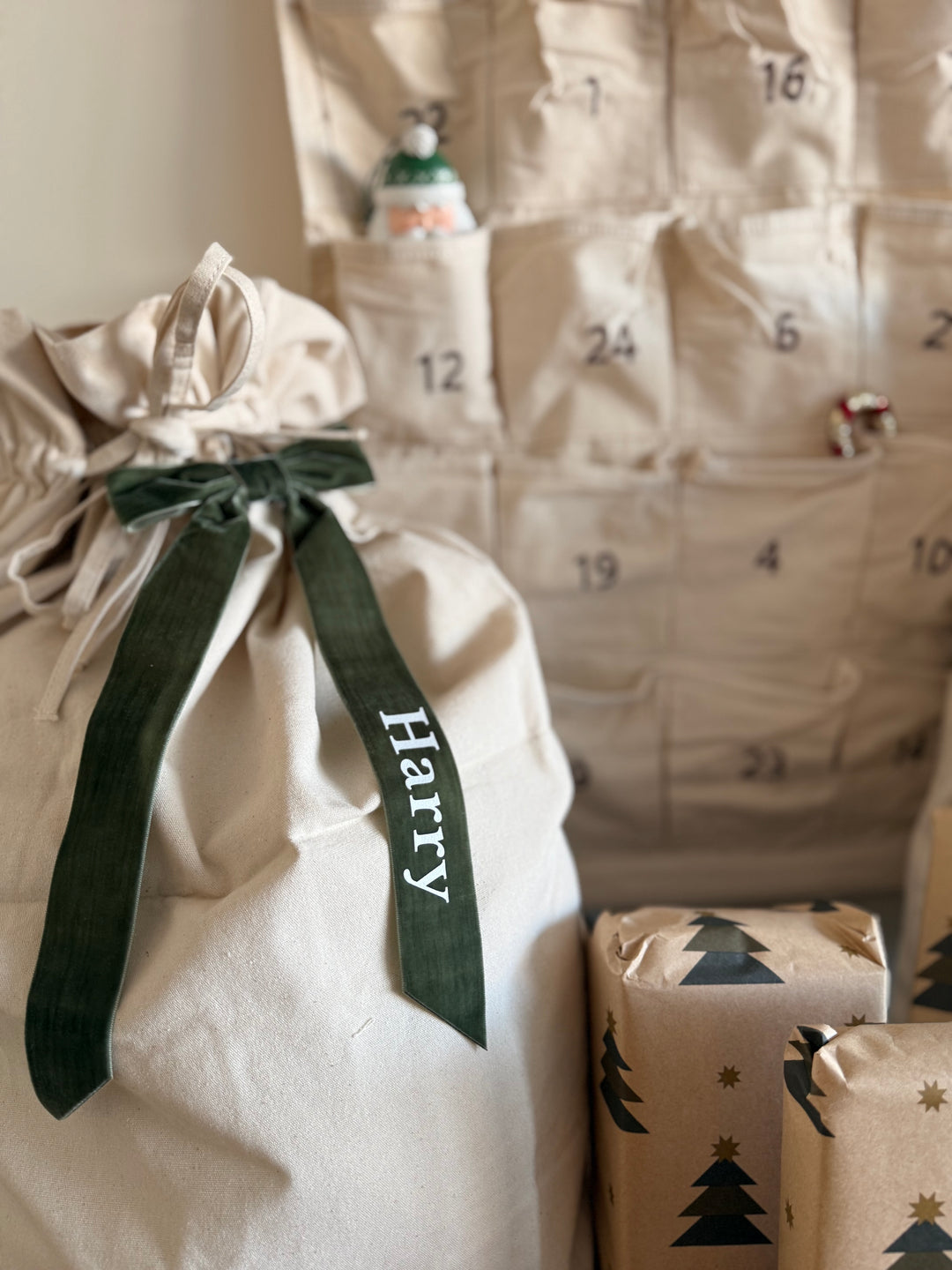 Mabel & Fox - Personalised Canvas Gift Sack - Velvet Bow - Mabel & Fox