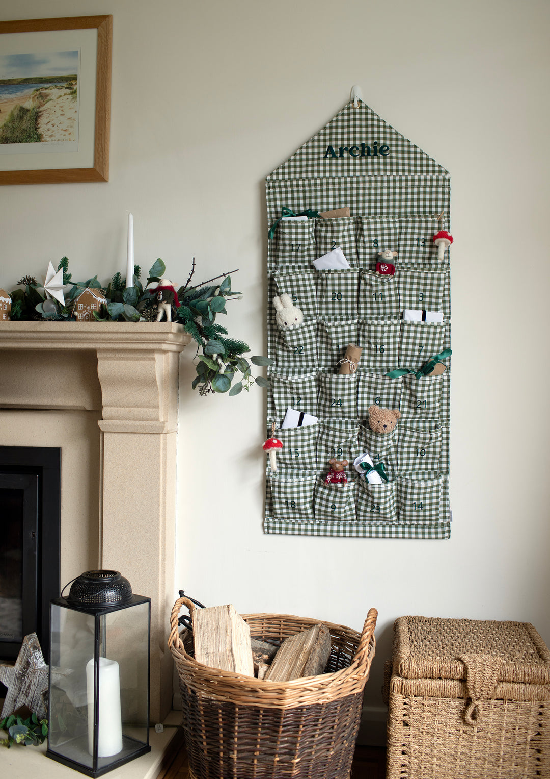 Mabel & Fox - Personalised Green Gingham Advent Calendar - Embroidered - Mabel & Fox