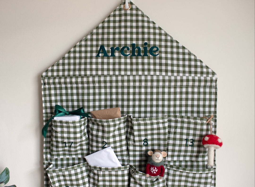 Mabel & Fox - Personalised Green Gingham Advent Calendar - Embroidered - Mabel & Fox