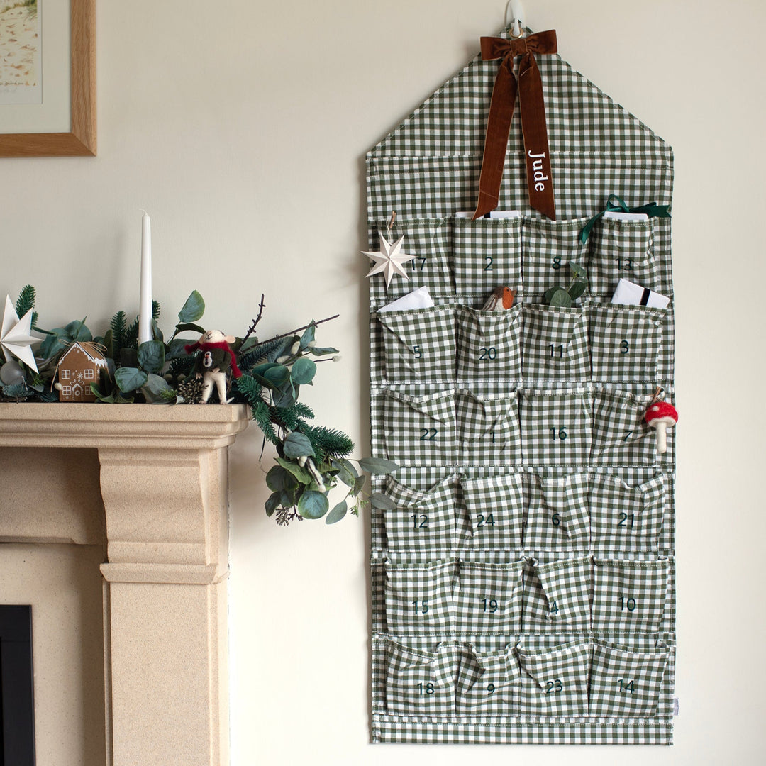 Mabel & Fox - Personalised Green Gingham Advent Calendar - Velvet Bow - Mabel & Fox