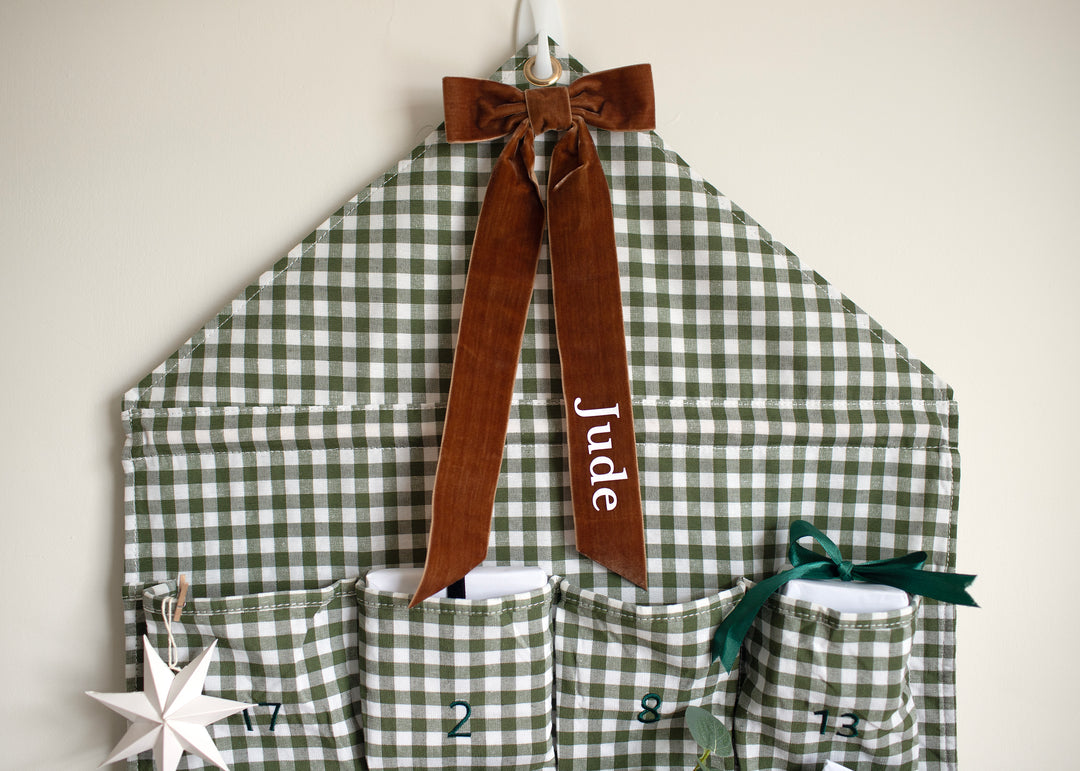 Mabel & Fox - Personalised Green Gingham Advent Calendar - Velvet Bow - Mabel & Fox