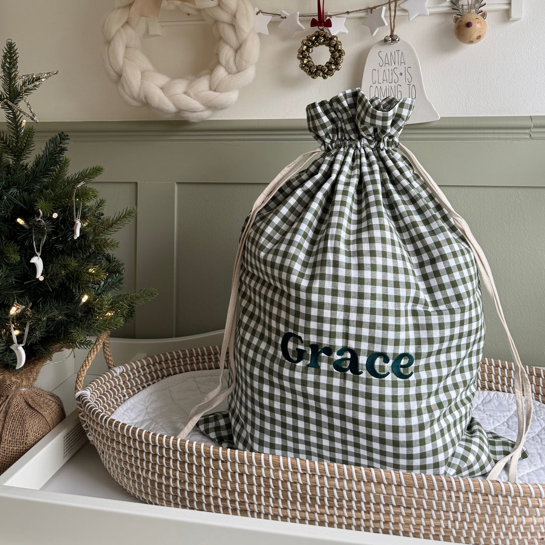 Mabel & Fox - Personalised Green Gingham Gift Sack - Embroidered - Mabel & Fox