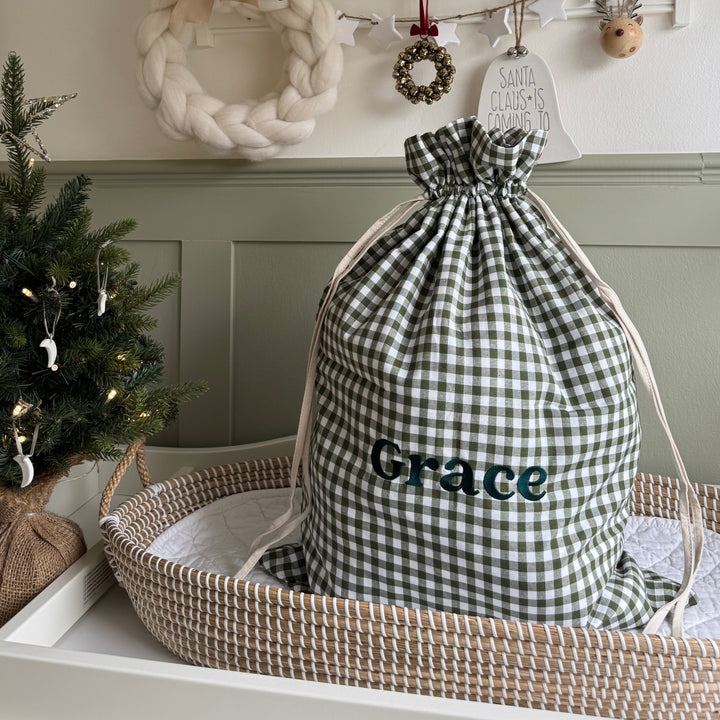 Mabel & Fox - Personalised Green Gingham Gift Sack - Embroidered - Mabel & Fox