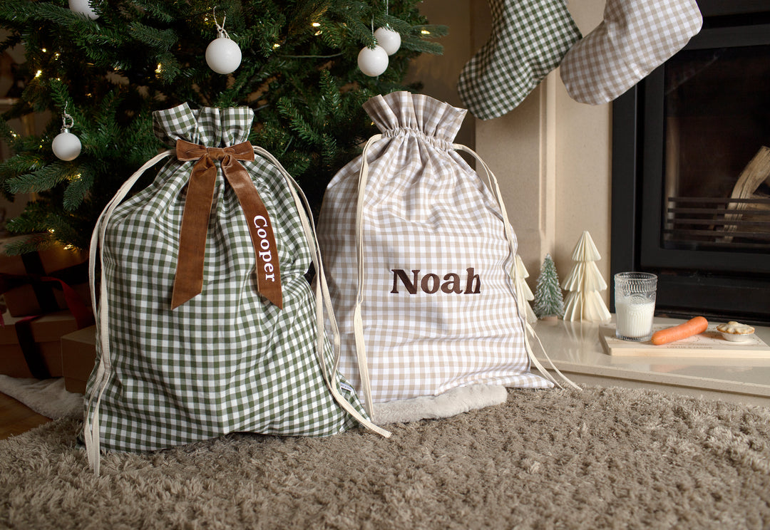 Mabel & Fox - Personalised Green Gingham Gift Sack - Velvet Bow - Mabel & Fox