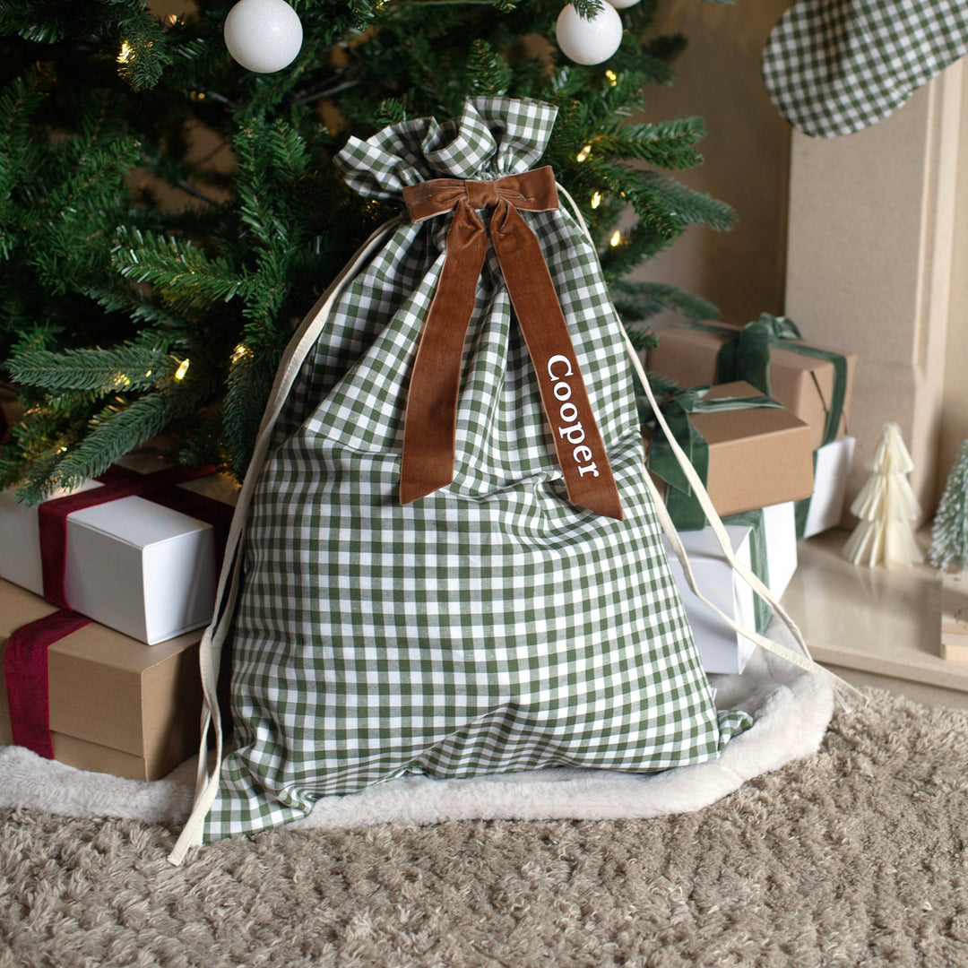 Mabel & Fox - Personalised Green Gingham Gift Sack - Velvet Bow - Mabel & Fox