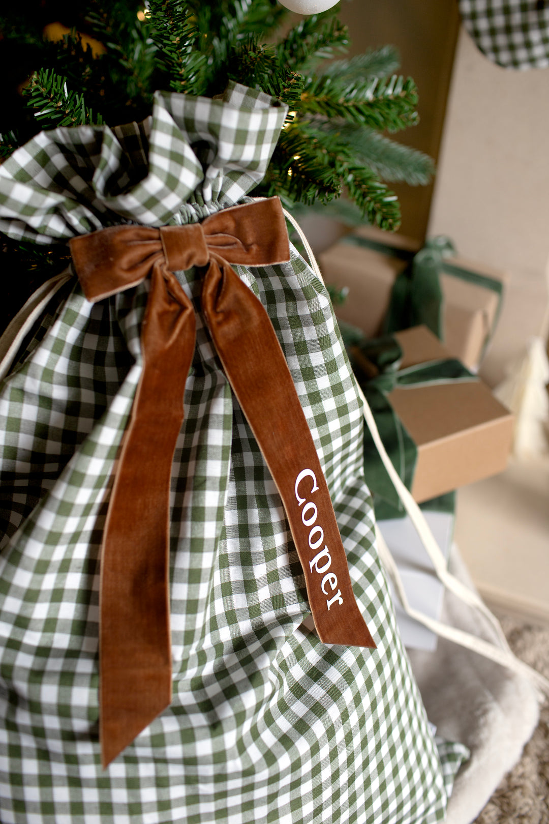 Mabel & Fox - Personalised Green Gingham Gift Sack - Velvet Bow - Mabel & Fox