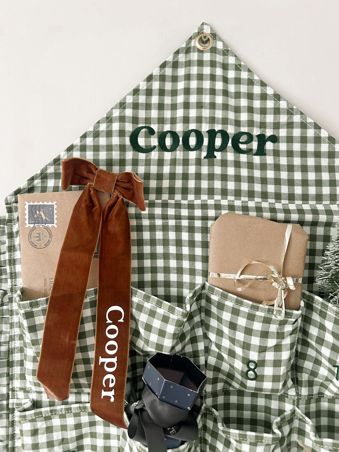 Mabel & Fox - Personalised Green Gingham Ruffle Advent Calendar - Embroidered - Mabel & Fox