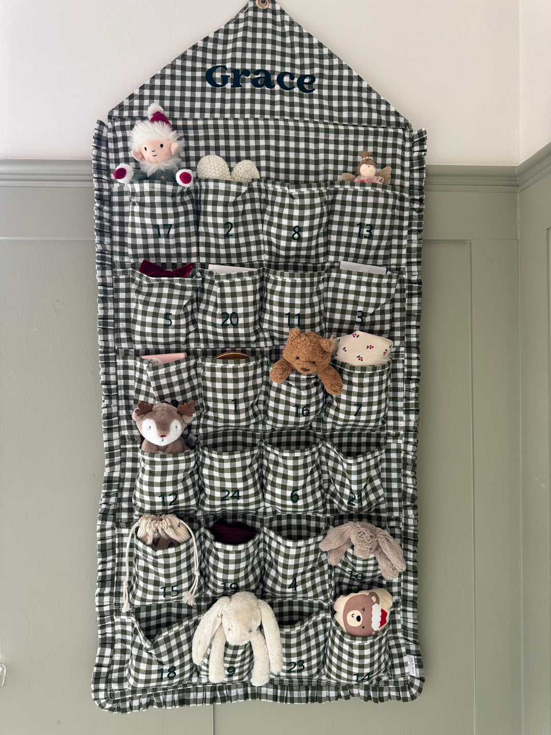 Mabel & Fox - Personalised Green Gingham Ruffle Advent Calendar - Embroidered - Mabel & Fox
