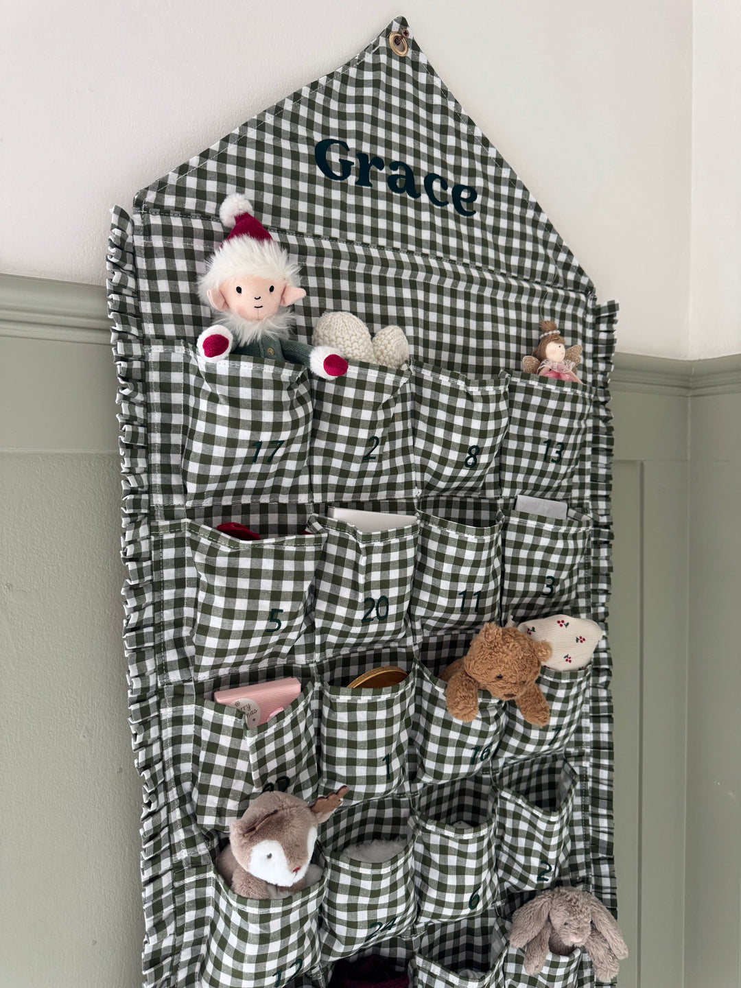Mabel & Fox - Personalised Green Gingham Ruffle Advent Calendar - Embroidered - Mabel & Fox