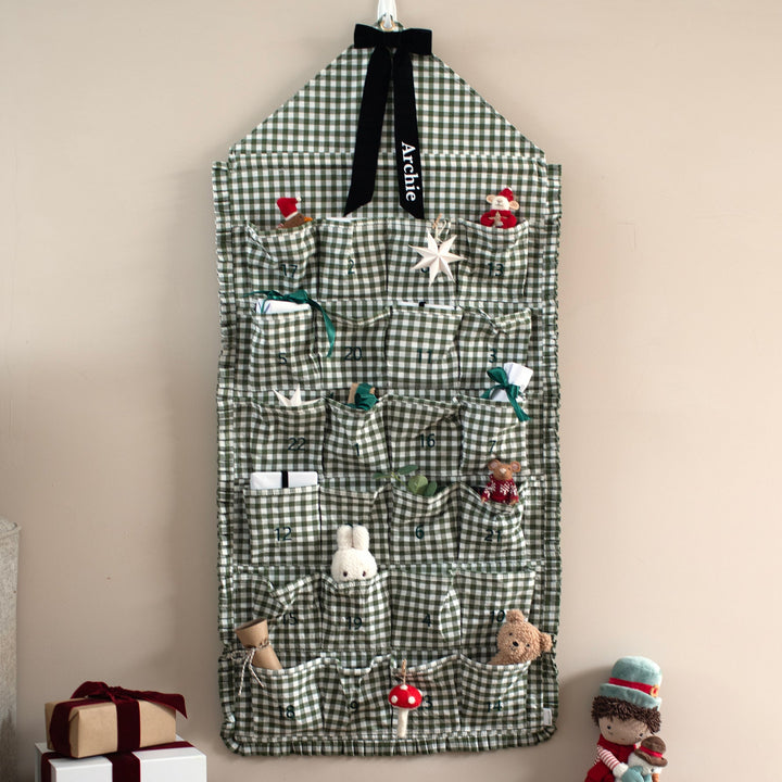 Mabel & Fox - Personalised Green Gingham Ruffle Advent Calendar - Velvet Bow - Mabel & Fox