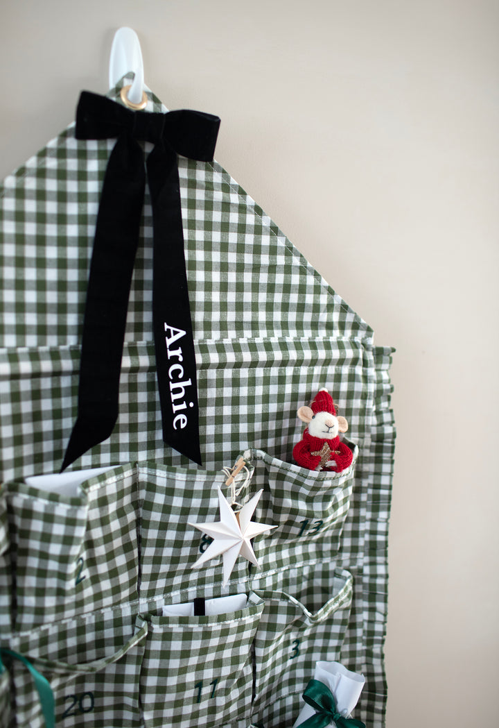 Mabel & Fox - Personalised Green Gingham Ruffle Advent Calendar - Velvet Bow - Mabel & Fox