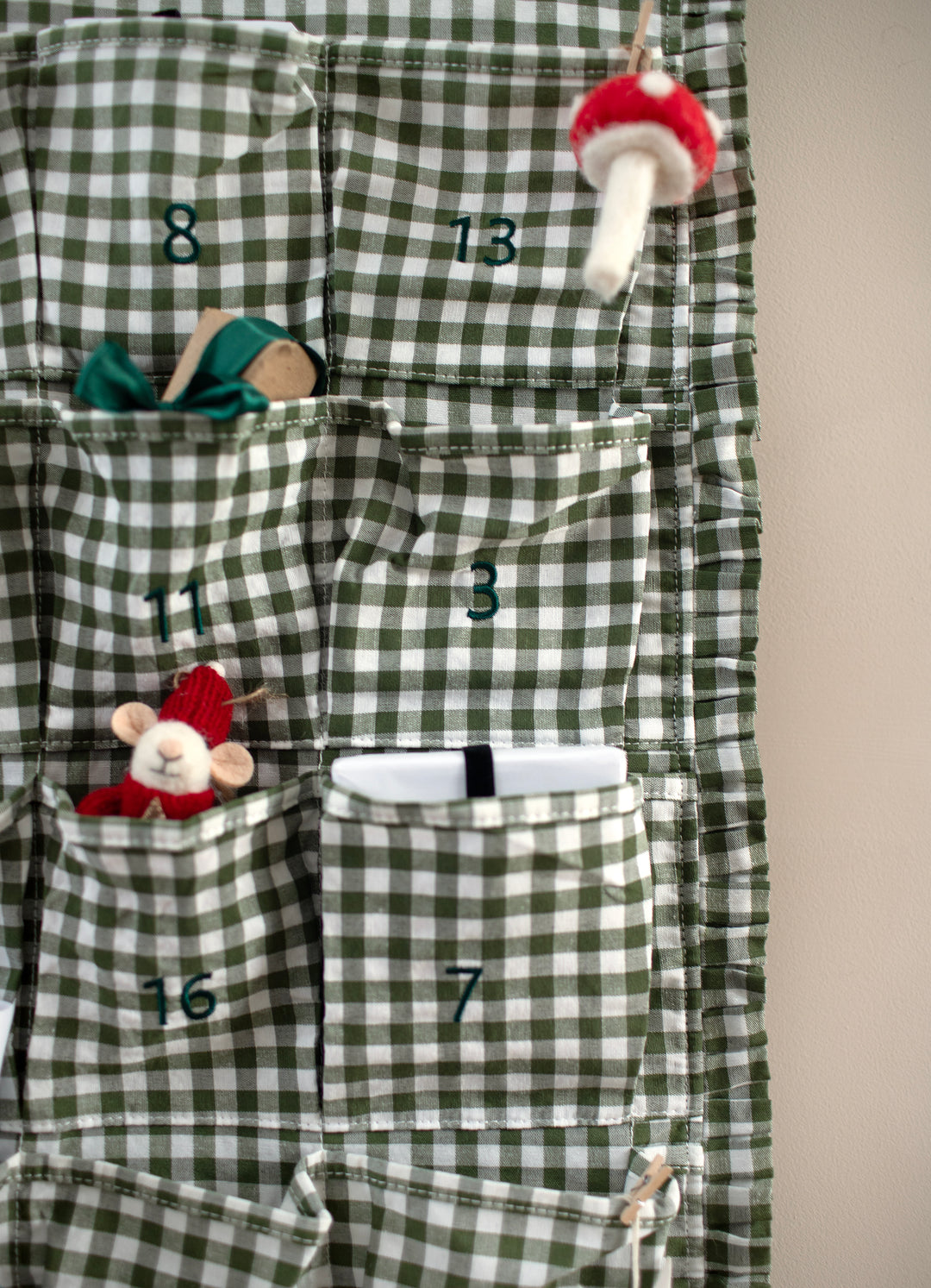 Mabel & Fox - Personalised Green Gingham Ruffle Advent Calendar - Velvet Bow - Mabel & Fox