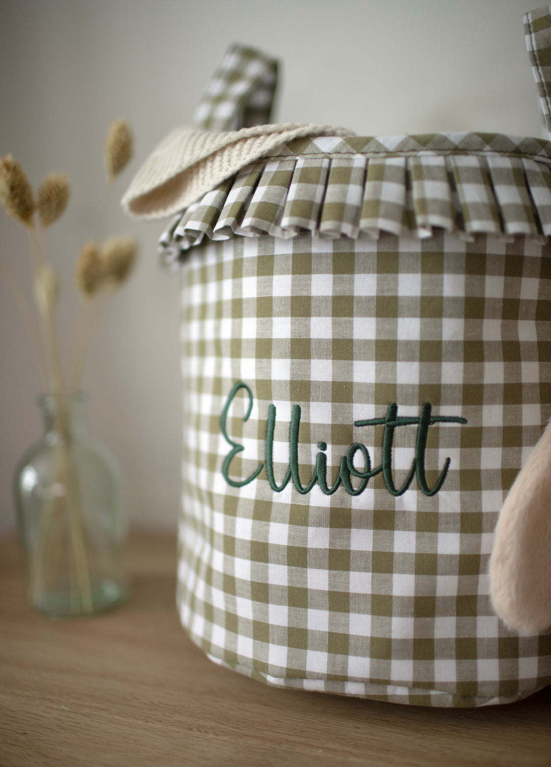 Mabel & Fox - Personalised Green Gingham Ruffle Basket - Embroidered - Mabel & Fox