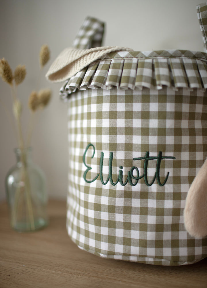 Mabel & Fox - Personalised Green Gingham Ruffle Basket - Embroidered - Mabel & Fox