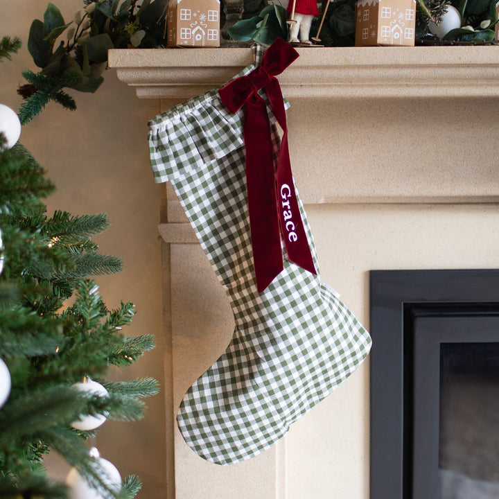 Mabel & Fox - Personalised Green Gingham Stocking - Velvet Bow - Mabel & Fox