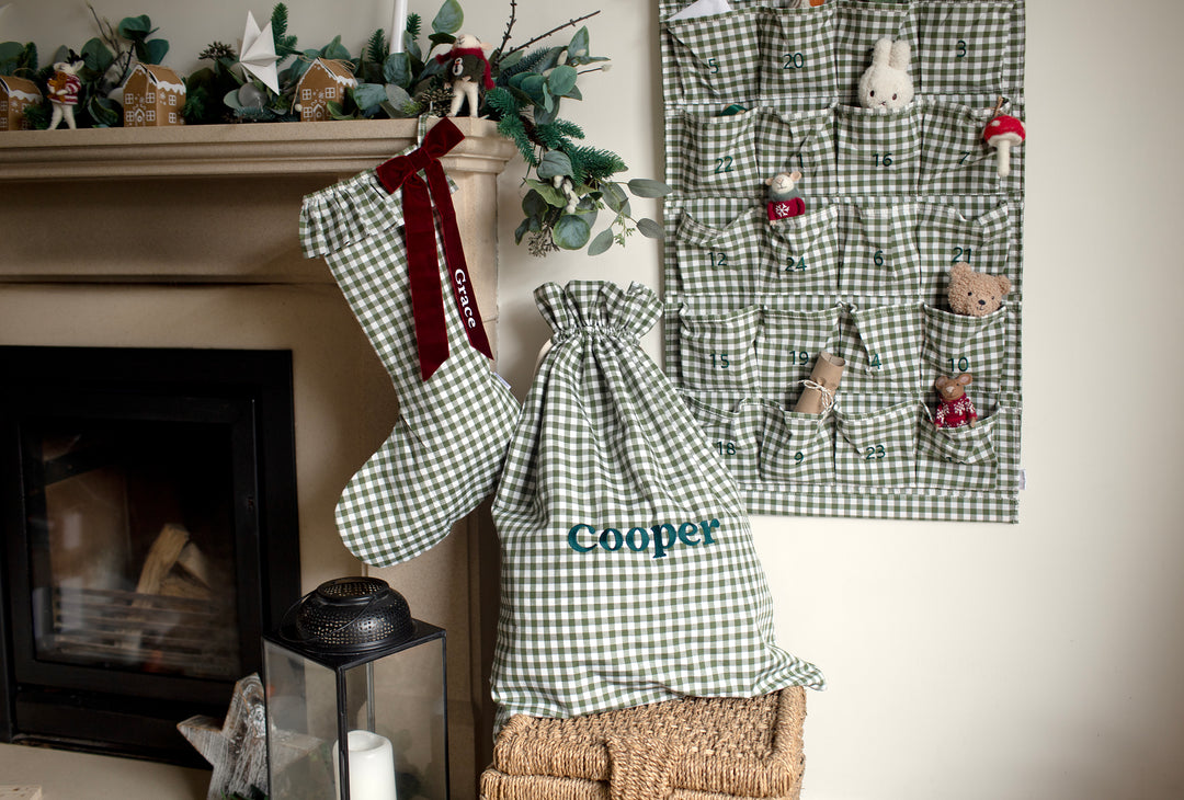 Mabel & Fox - Personalised Green Gingham Stocking - Velvet Bow - Mabel & Fox