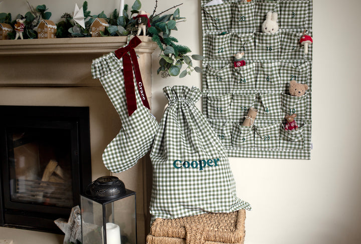 Mabel & Fox - Personalised Green Gingham Stocking - Velvet Bow - Mabel & Fox