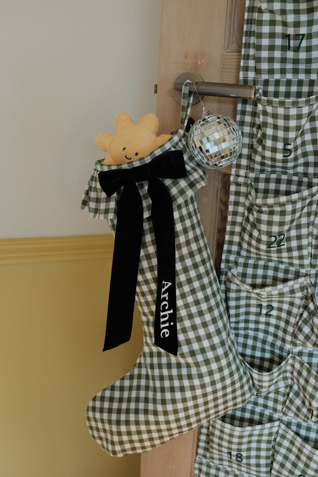 Mabel & Fox - Personalised Green Gingham Stocking - Velvet Bow - Mabel & Fox
