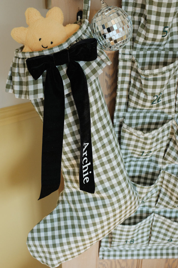 Mabel & Fox - Personalised Green Gingham Stocking - Velvet Bow - Mabel & Fox