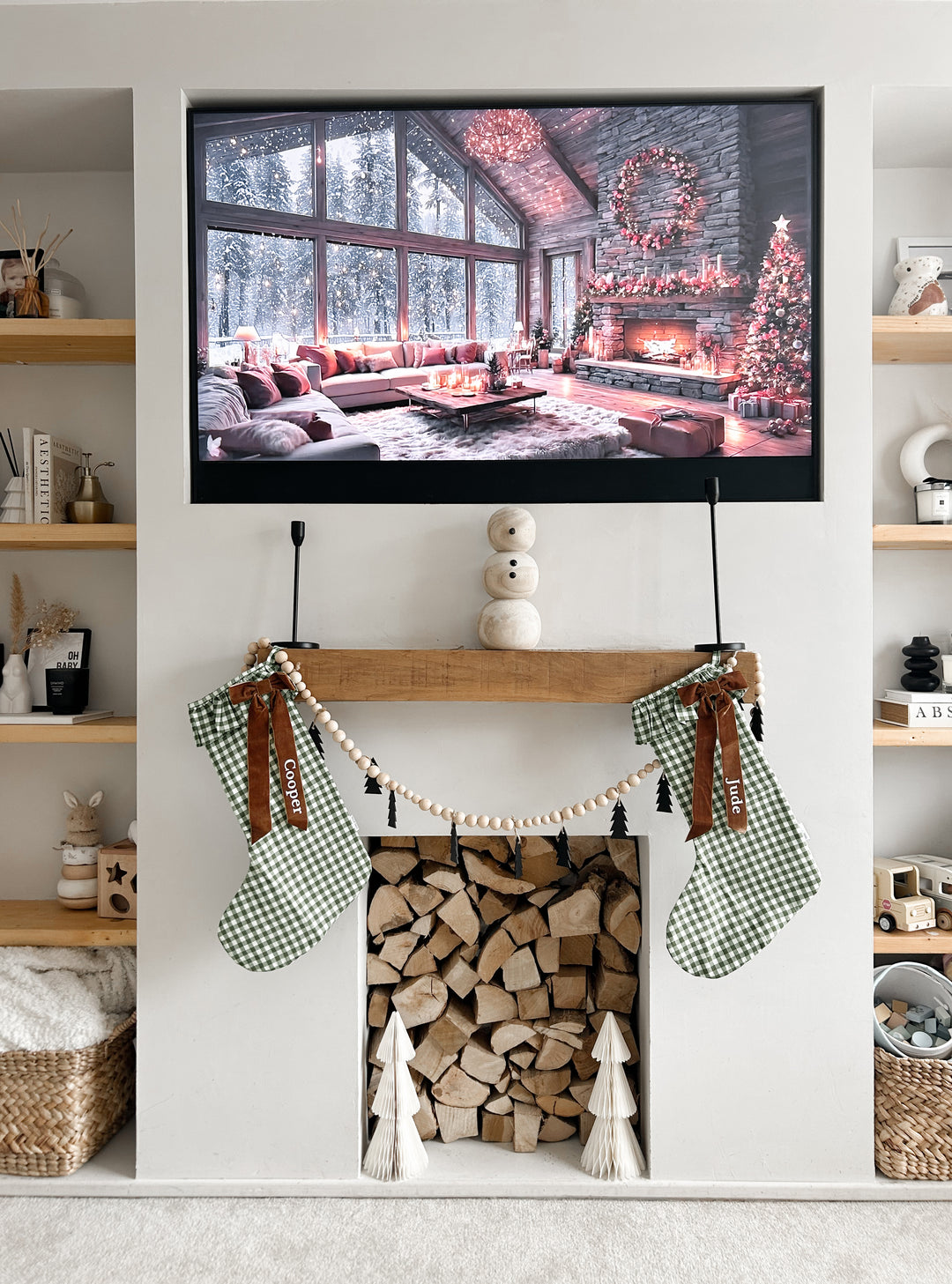 Mabel & Fox - Personalised Green Gingham Stocking - Velvet Bow - Mabel & Fox