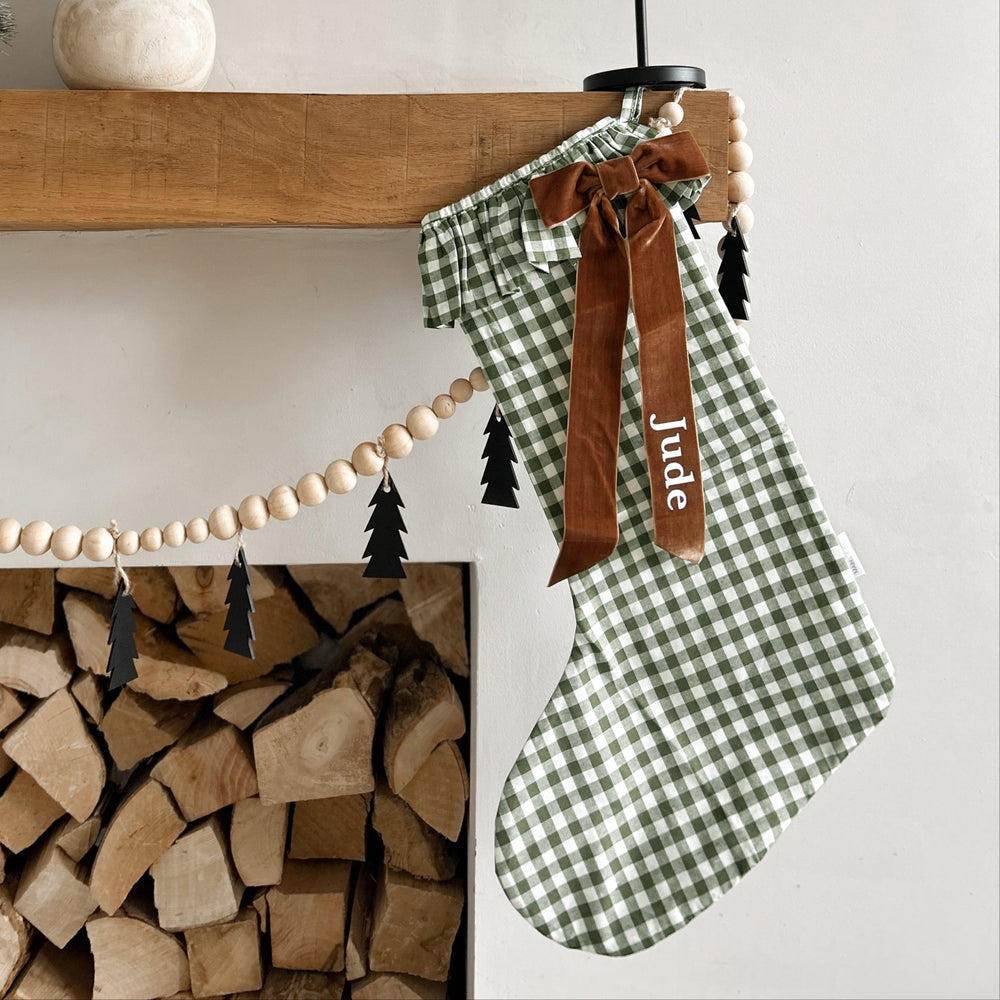Mabel & Fox - Personalised Green Gingham Stocking - Velvet Bow - Mabel & Fox