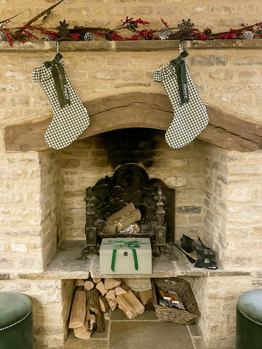 Mabel & Fox - Personalised Green Gingham Stocking - Velvet Bow - Mabel & Fox