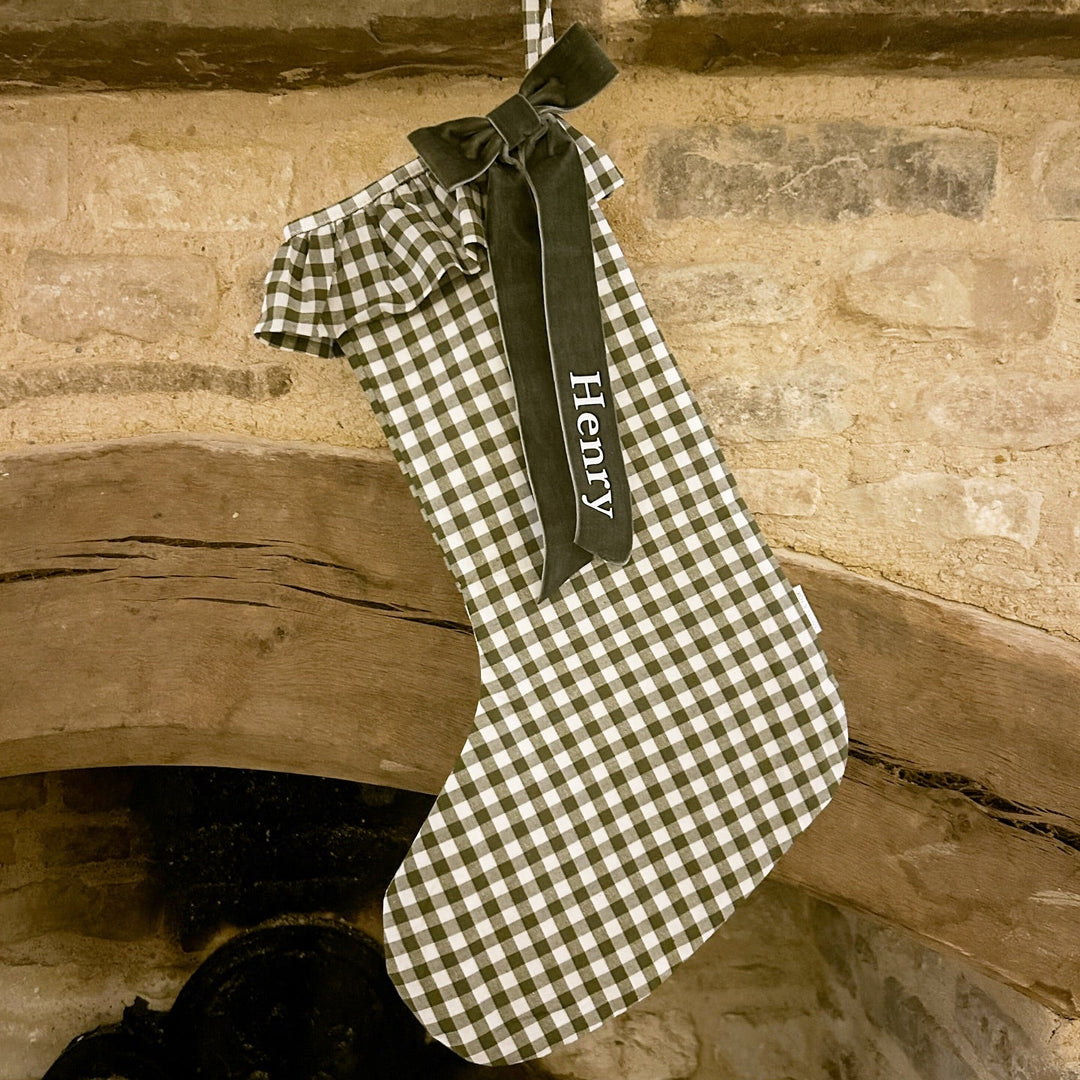 Mabel & Fox - Personalised Green Gingham Stocking - Velvet Bow - Mabel & Fox