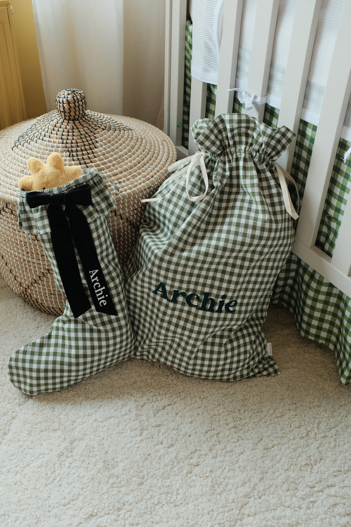 Mabel & Fox - Personalised Green Gingham Stocking - Velvet Bow - Mabel & Fox