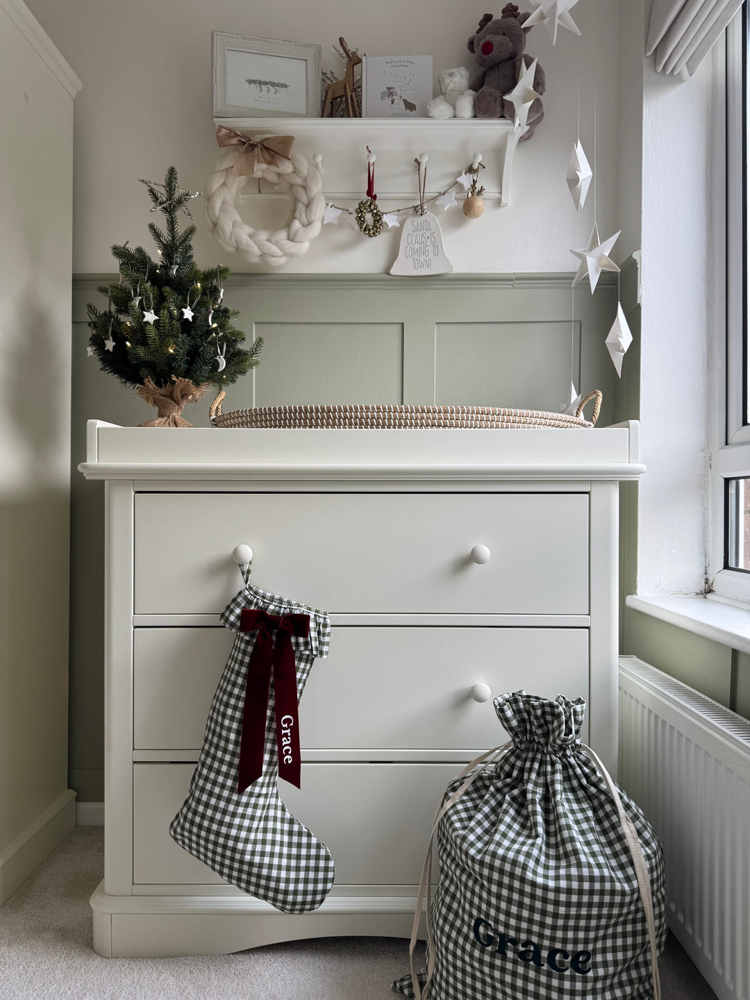 Mabel & Fox - Personalised Green Gingham Stocking - Velvet Bow - Mabel & Fox