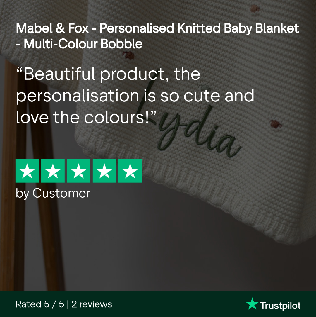 Personalized knitted baby blanket with embroidered name, Mabel & Fox brand visible.