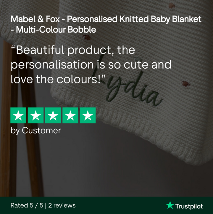 Personalized knitted baby blanket with embroidered name, Mabel & Fox brand visible.
