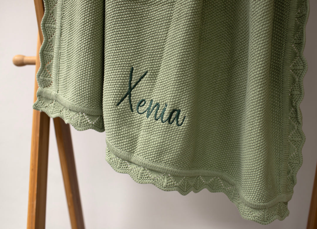 Mabel & Fox - Personalised Knitted Baby Blanket - Sage Green - Mabel & Fox