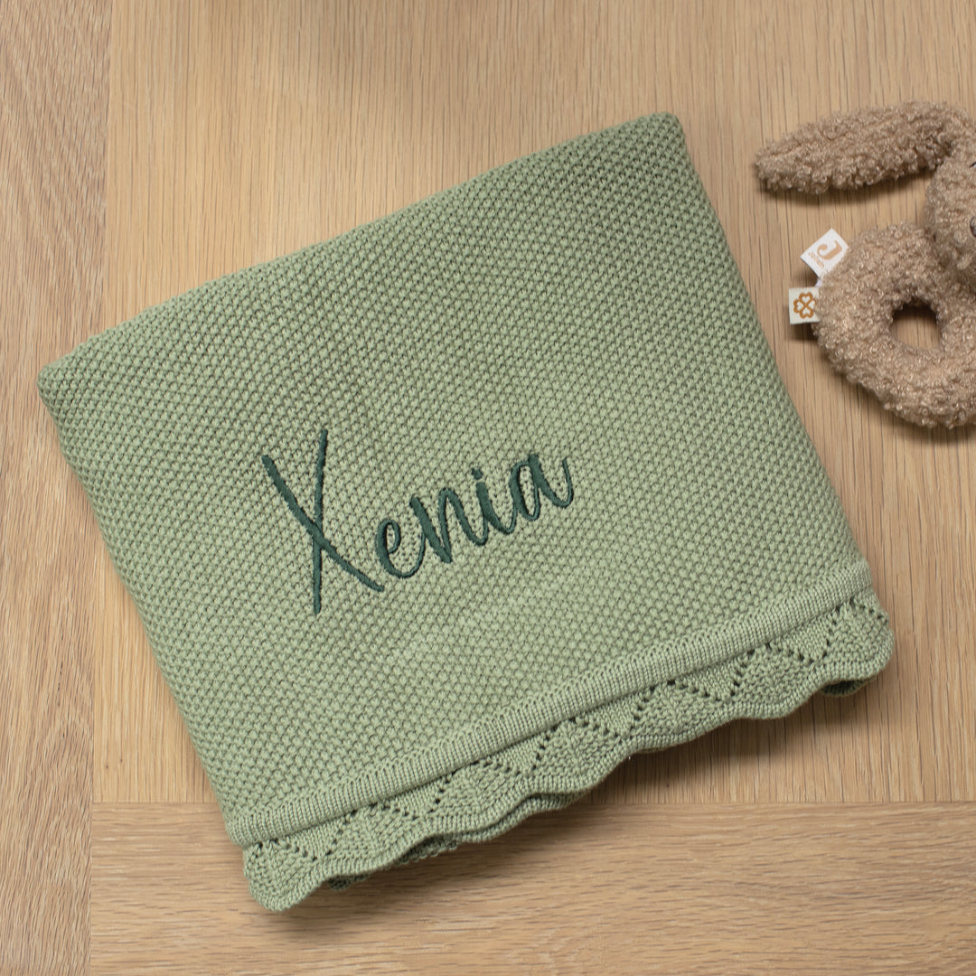 Mabel & Fox - Personalised Knitted Baby Blanket - Sage Green - Mabel & Fox