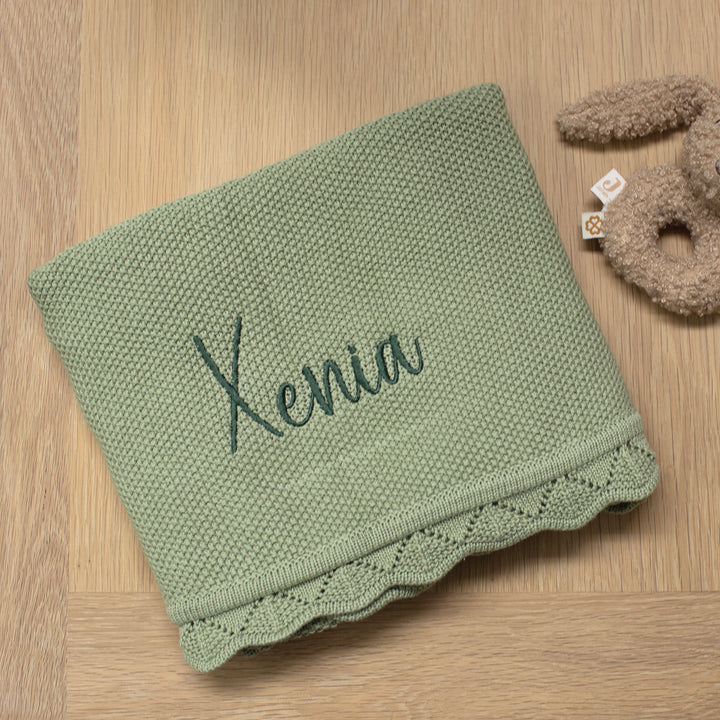 Mabel & Fox - Personalised Knitted Baby Blanket - Sage Green - Mabel & Fox