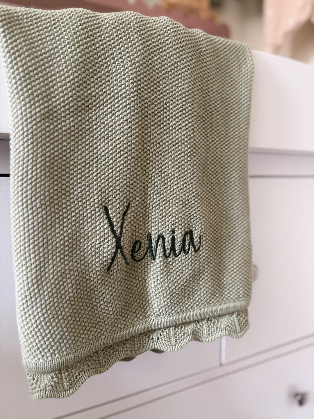 Mabel & Fox - Personalised Knitted Baby Blanket - Sage Green - Mabel & Fox