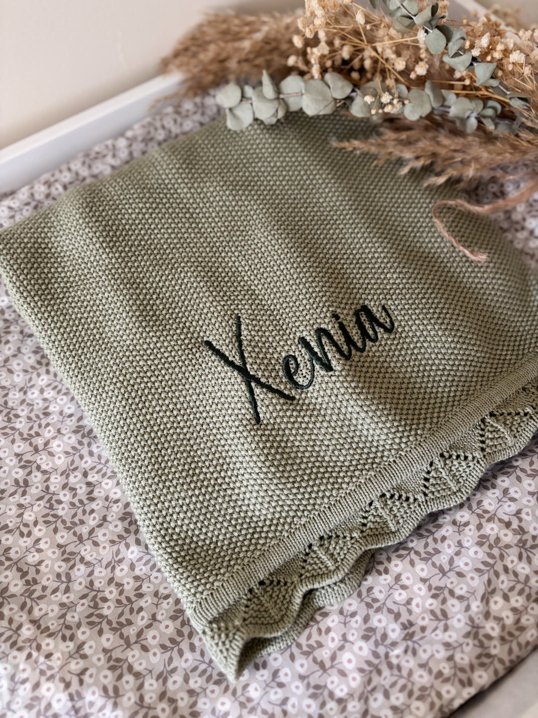 Mabel & Fox - Personalised Knitted Baby Blanket - Sage Green - Mabel & Fox