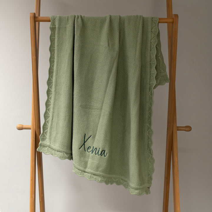 Mabel & Fox - Personalised Knitted Baby Blanket - Sage Green - Mabel & Fox